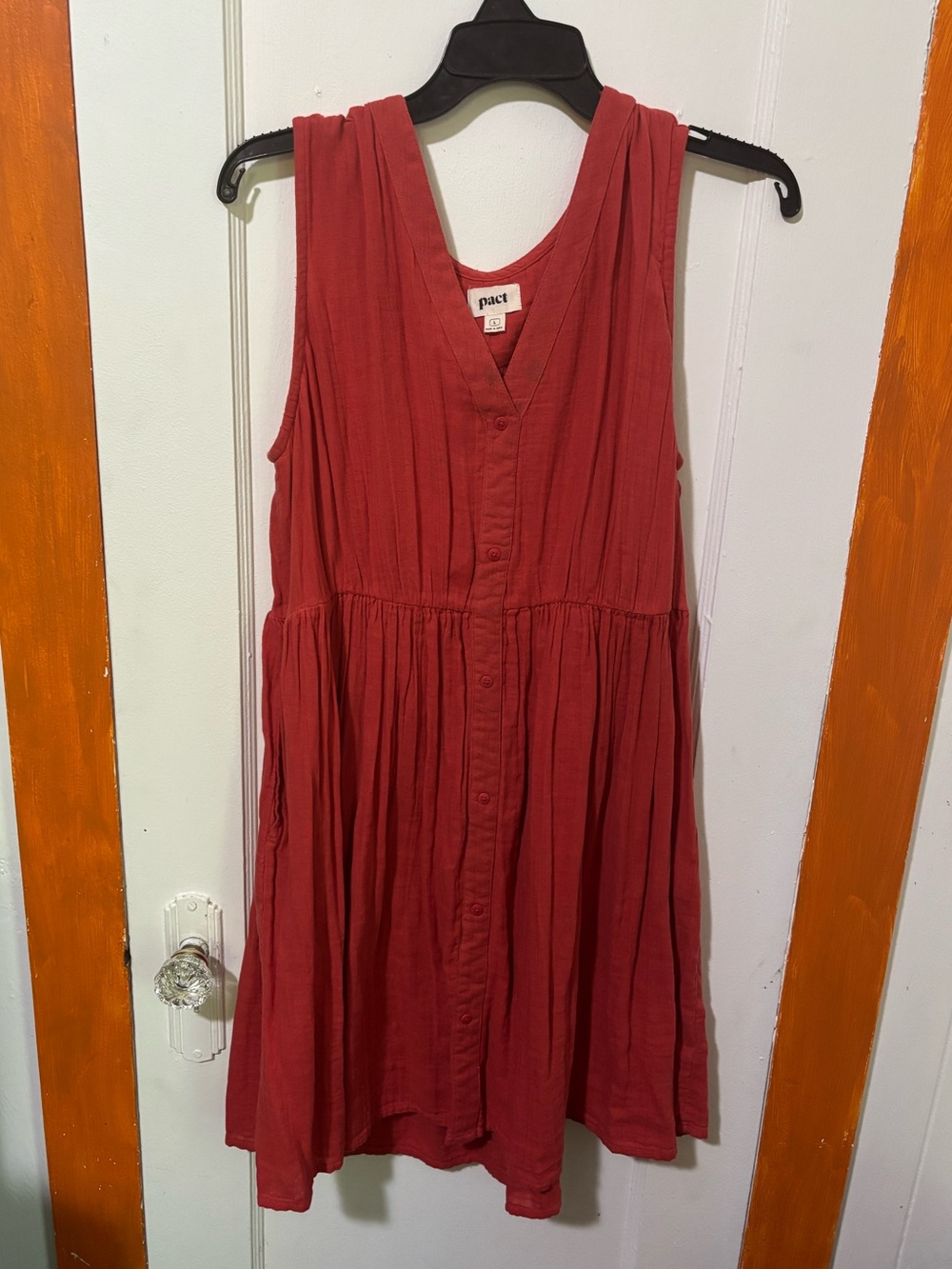 Pact Coral-Red V-Neck Sleeveless Button Dress